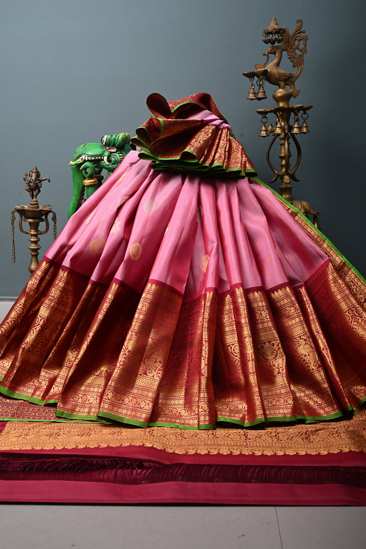 Dusty Rose Pure Gadwal Silk Saree with Gold-Silver Zari Buttas and Contrast Wide Zari Border | SILK MARK CERTIFIED |SHOBITAM