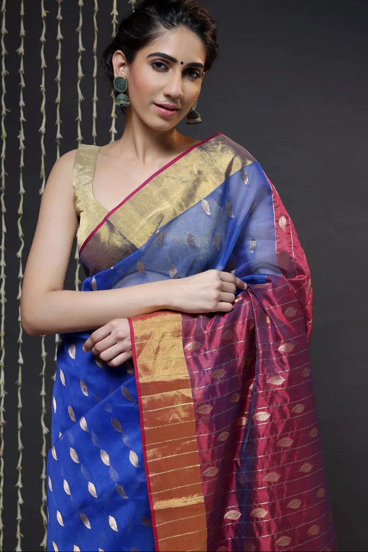 Navy Blue Handloom Katan Silk Chanderi Saree With Zari Border | SHOBITAM