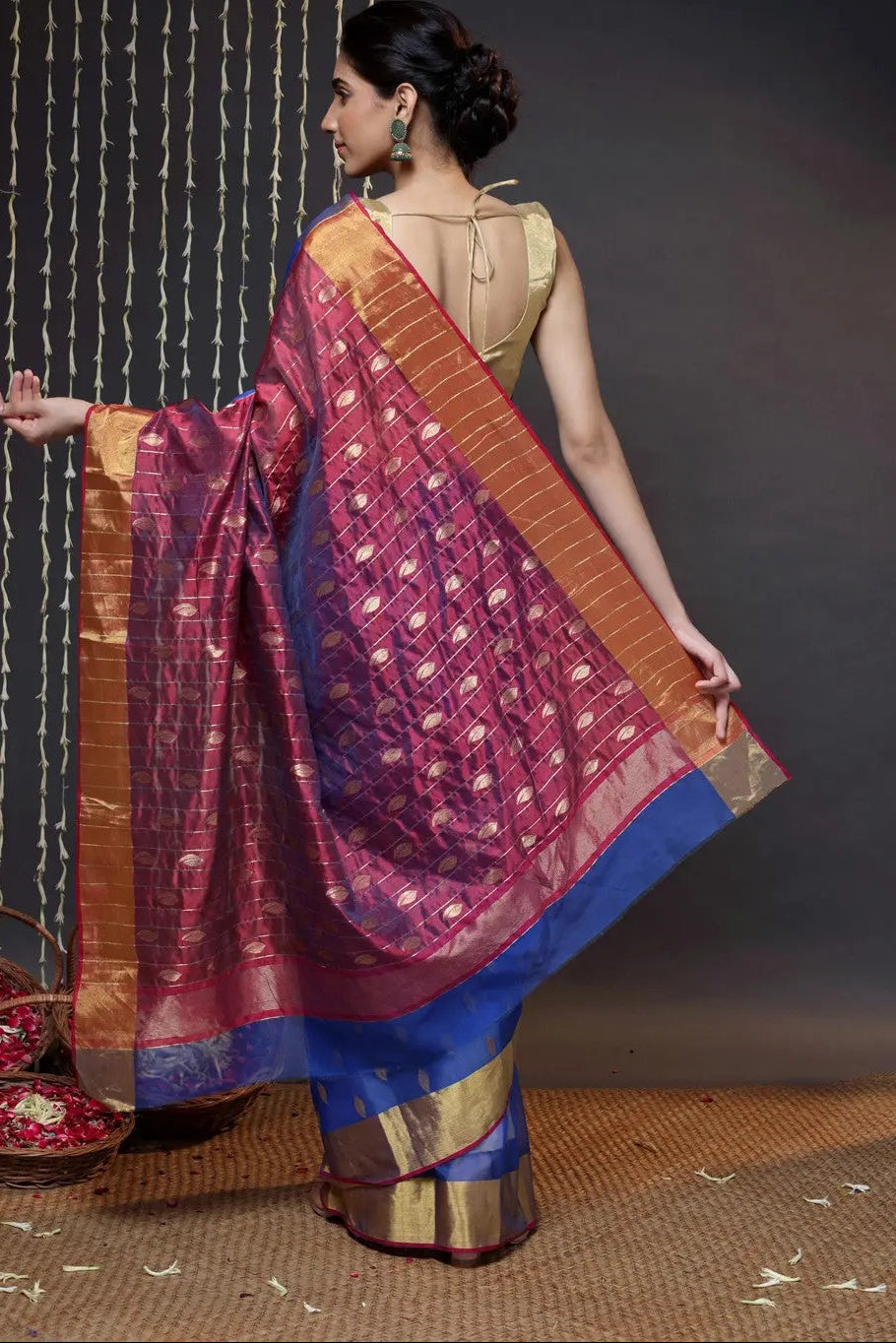 Navy Blue Handloom Katan Silk Chanderi Saree With Zari Border | SHOBITAM