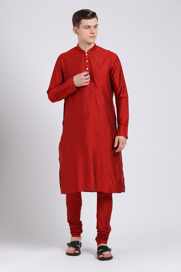 Men Red Solid Dyed Kurta | SHOBITAM