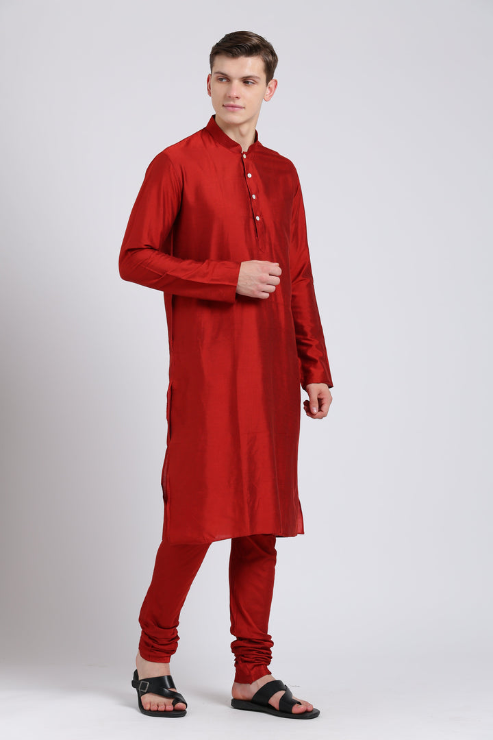 Men Red Solid Dyed Kurta | SHOBITAM