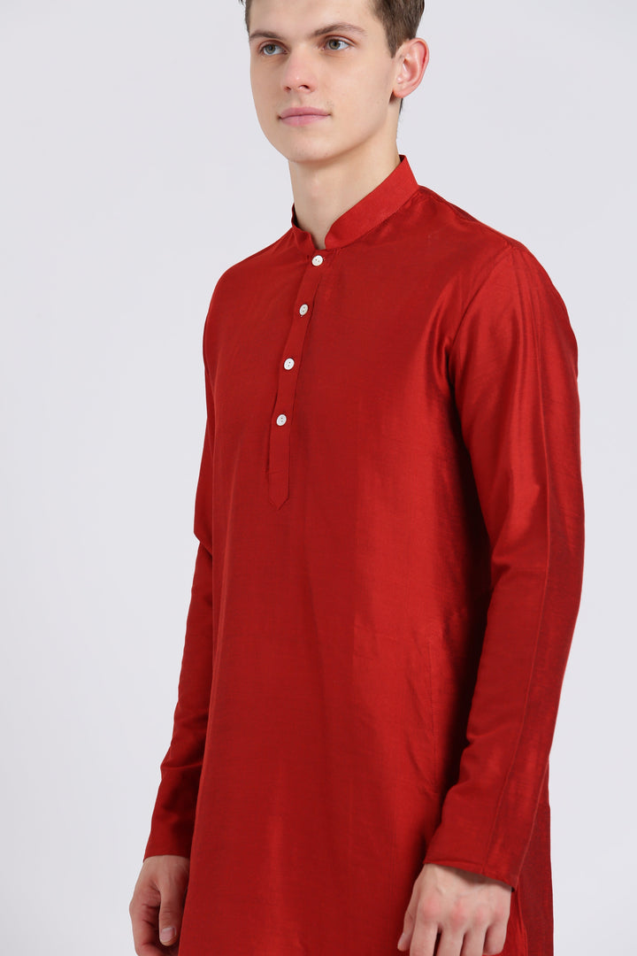 Men Red Solid Dyed Kurta | SHOBITAM