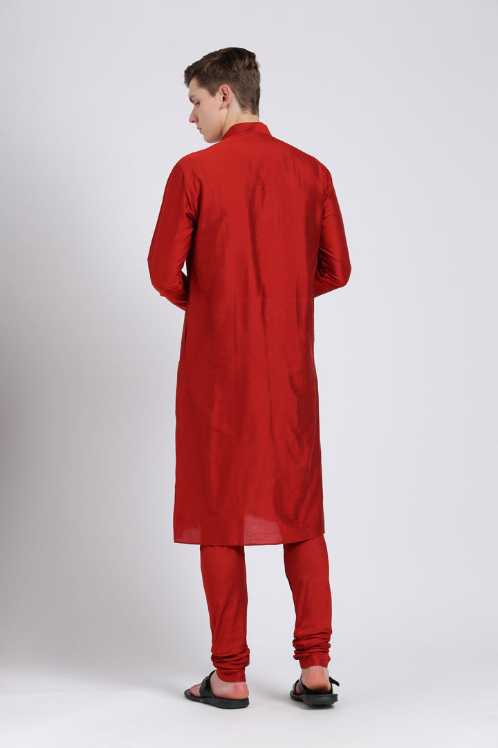 Men Red Solid Dyed Kurta | SHOBITAM