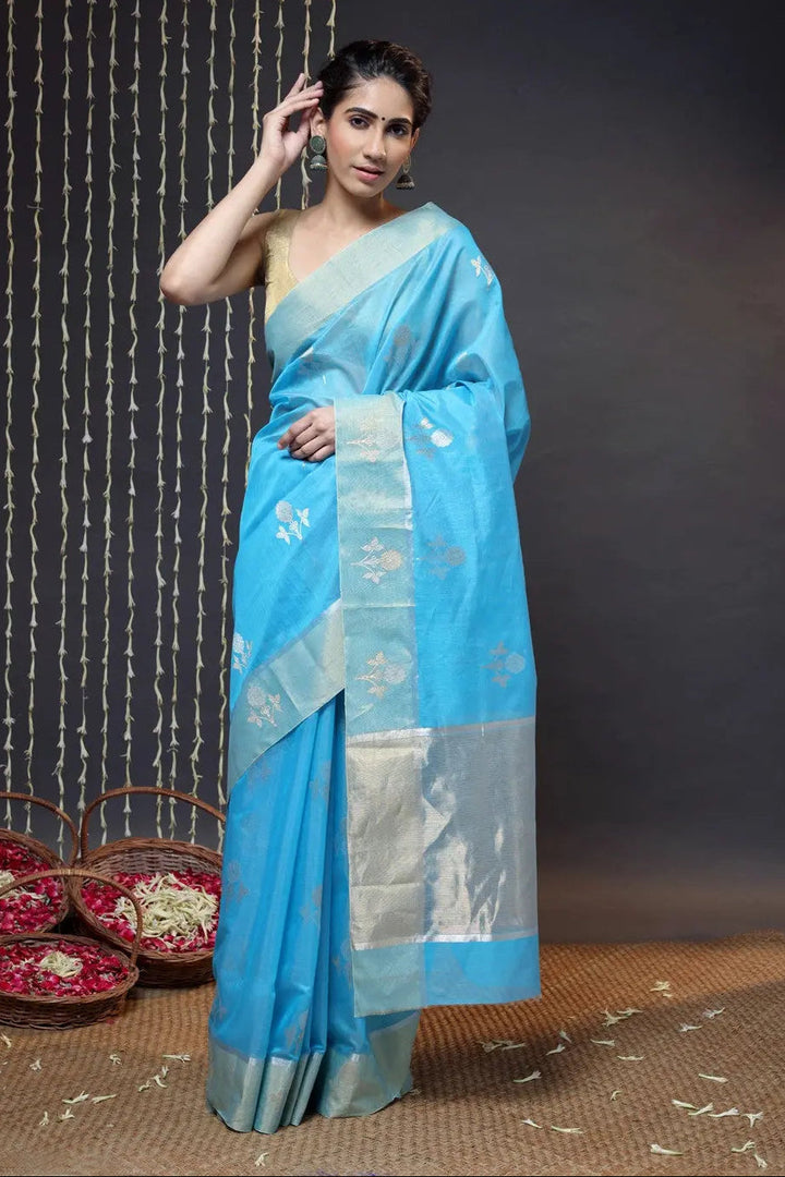 Sky Blue Handloom Chanderi Saree With Zari Floral Motifs | SHOBITAM