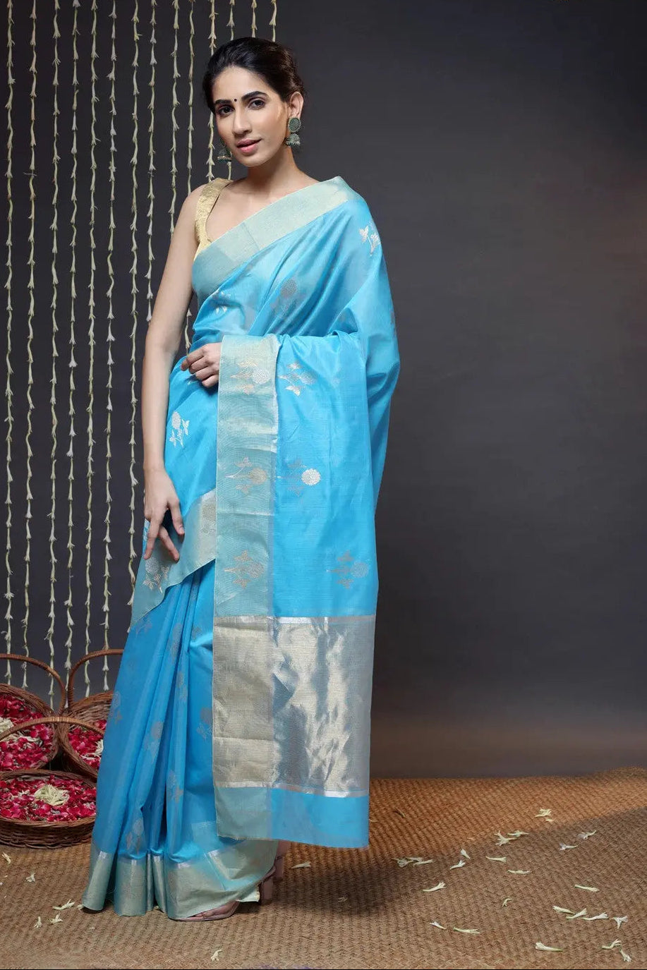 Sky Blue Handloom Chanderi Saree With Zari Floral Motifs | SHOBITAM