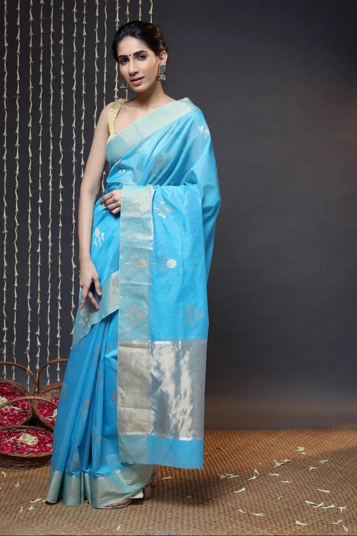 Sky Blue Handloom Chanderi Saree With Zari Floral Motifs | SHOBITAM