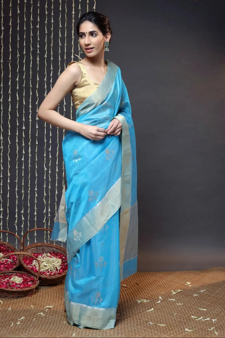 Sky Blue Handloom Chanderi Saree With Zari Floral Motifs | SHOBITAM