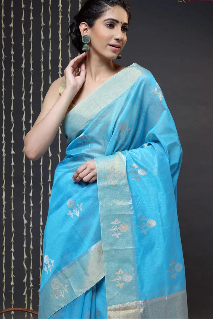 Sky Blue Handloom Chanderi Saree With Zari Floral Motifs | SHOBITAM