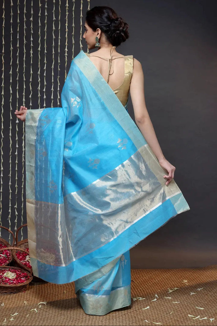 Sky Blue Handloom Chanderi Saree With Zari Floral Motifs | SHOBITAM