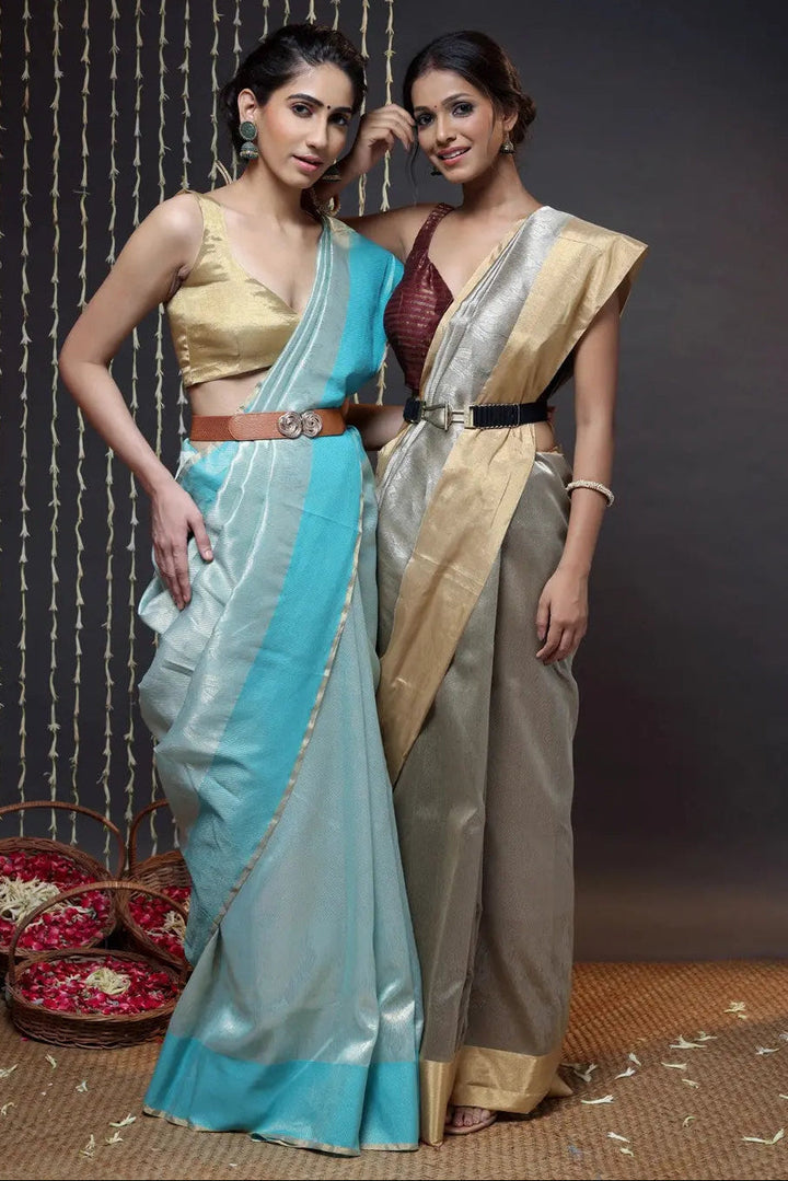 Brown Handloom Chanderi Pure Silk Saree With Gold Border | SHOBITAM