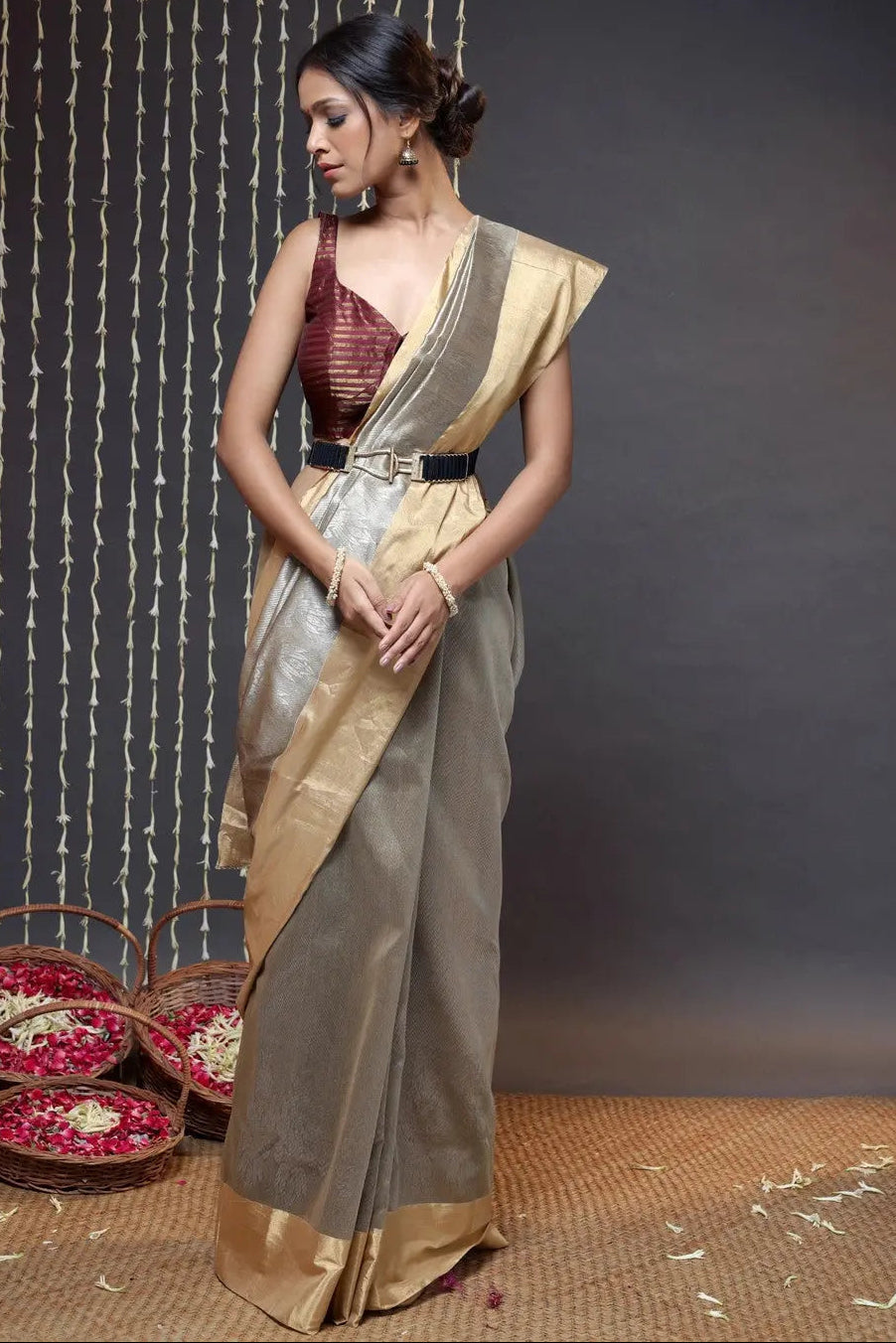 Brown Handloom Chanderi Pure Silk Saree With Gold Border | SHOBITAM