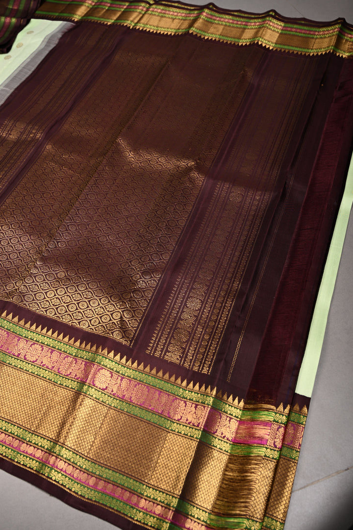 Korvai Tea Green Pure Gadwal Silk Saree with Zari Buttas and Contrast Wide Zari Border | SILK MARK CERTIFIED | SHOBITAM