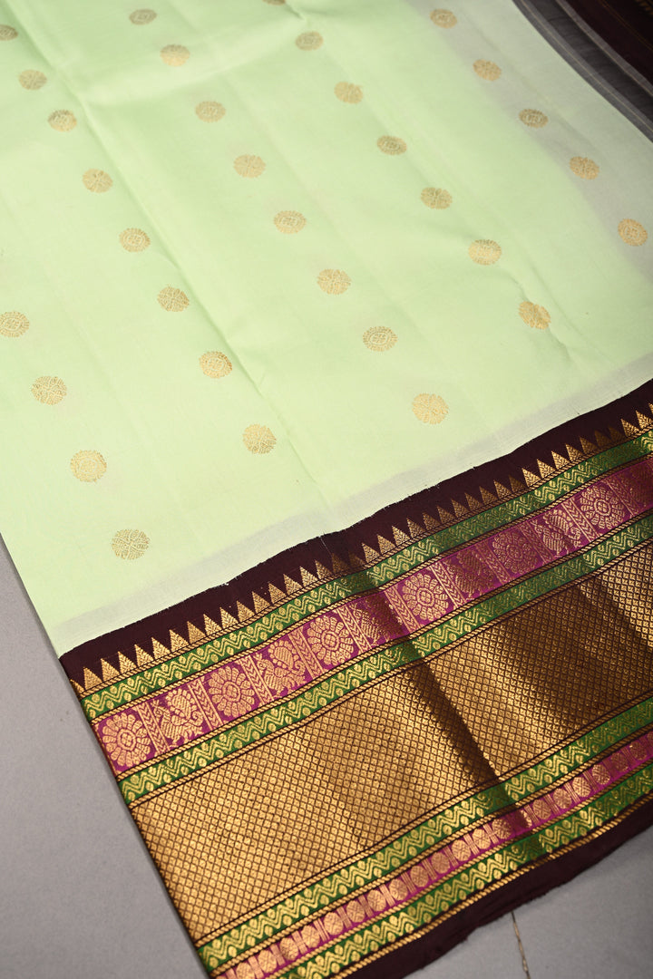 Korvai Tea Green Pure Gadwal Silk Saree with Zari Buttas and Contrast Wide Zari Border | SILK MARK CERTIFIED | SHOBITAM