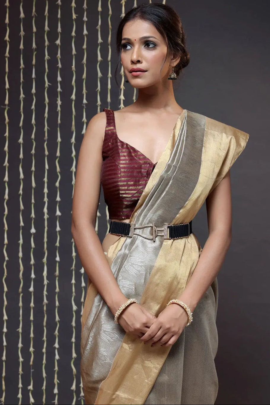 Brown Handloom Chanderi Pure Silk Saree With Gold Border | SHOBITAM