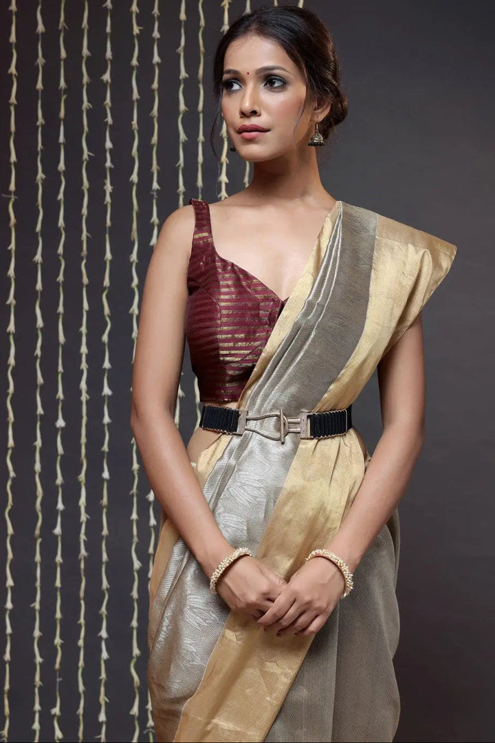 Brown Handloom Chanderi Pure Silk Saree With Gold Border | SHOBITAM
