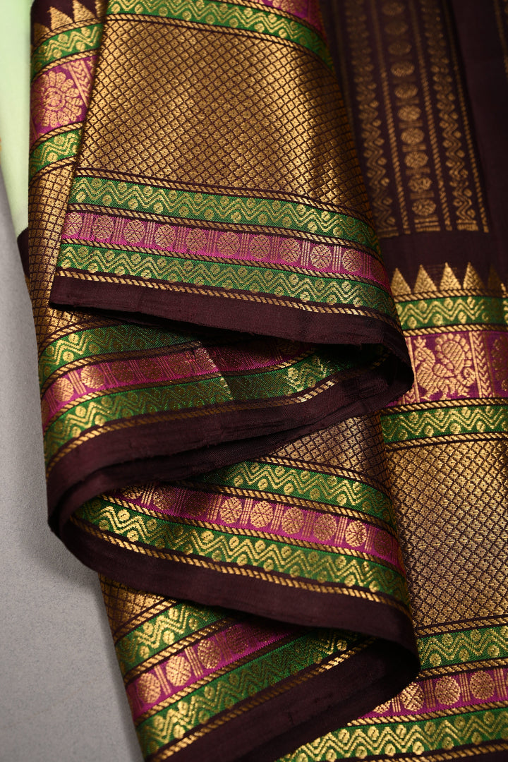 Korvai Tea Green Pure Gadwal Silk Saree with Zari Buttas and Contrast Wide Zari Border | SILK MARK CERTIFIED | SHOBITAM