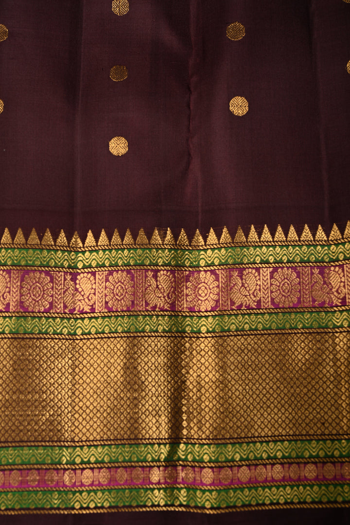 Korvai Tea Green Pure Gadwal Silk Saree with Zari Buttas and Contrast Wide Zari Border | SILK MARK CERTIFIED | SHOBITAM