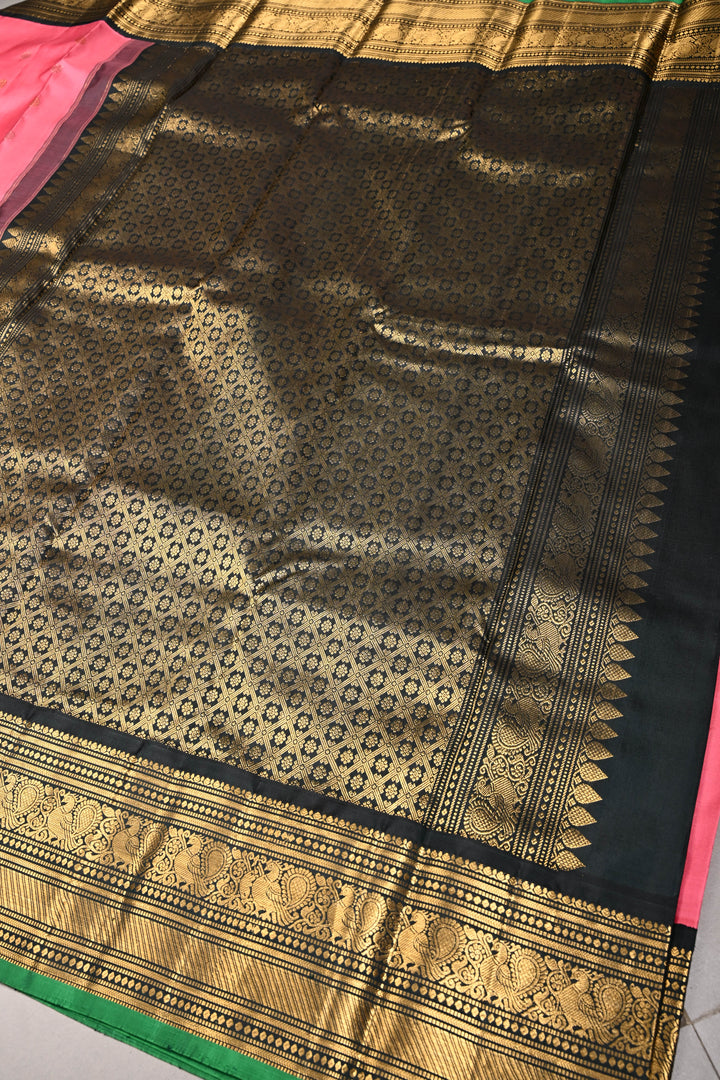 Korvai French Rose Pure Gadwal Silk Saree with Gold-Silver Buttas and Contrast Zari Border | SILK MARK CERTIFIED | SHOBITAM