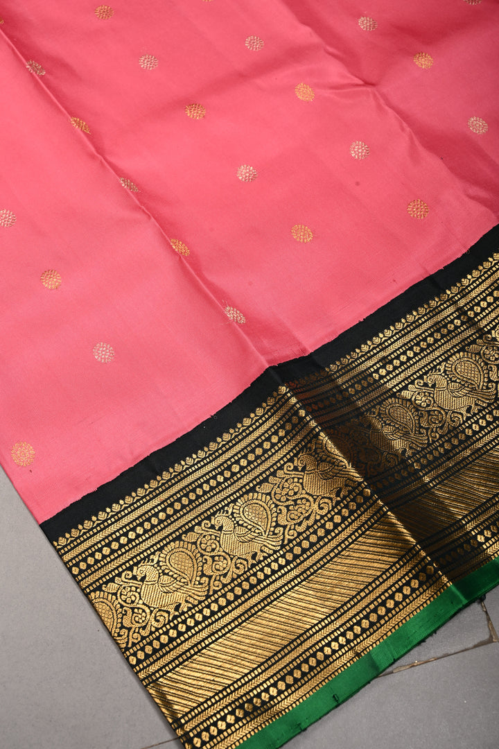 Korvai French Rose Pure Gadwal Silk Saree with Gold-Silver Buttas and Contrast Zari Border | SILK MARK CERTIFIED | SHOBITAM