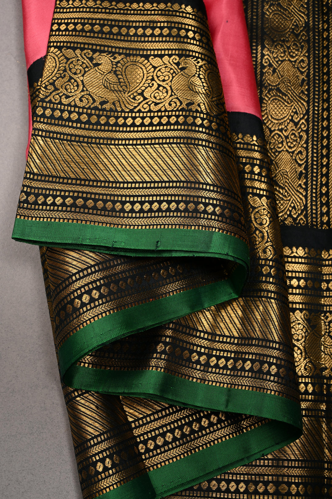 Korvai French Rose Pure Gadwal Silk Saree with Gold-Silver Buttas and Contrast Zari Border | SILK MARK CERTIFIED | SHOBITAM