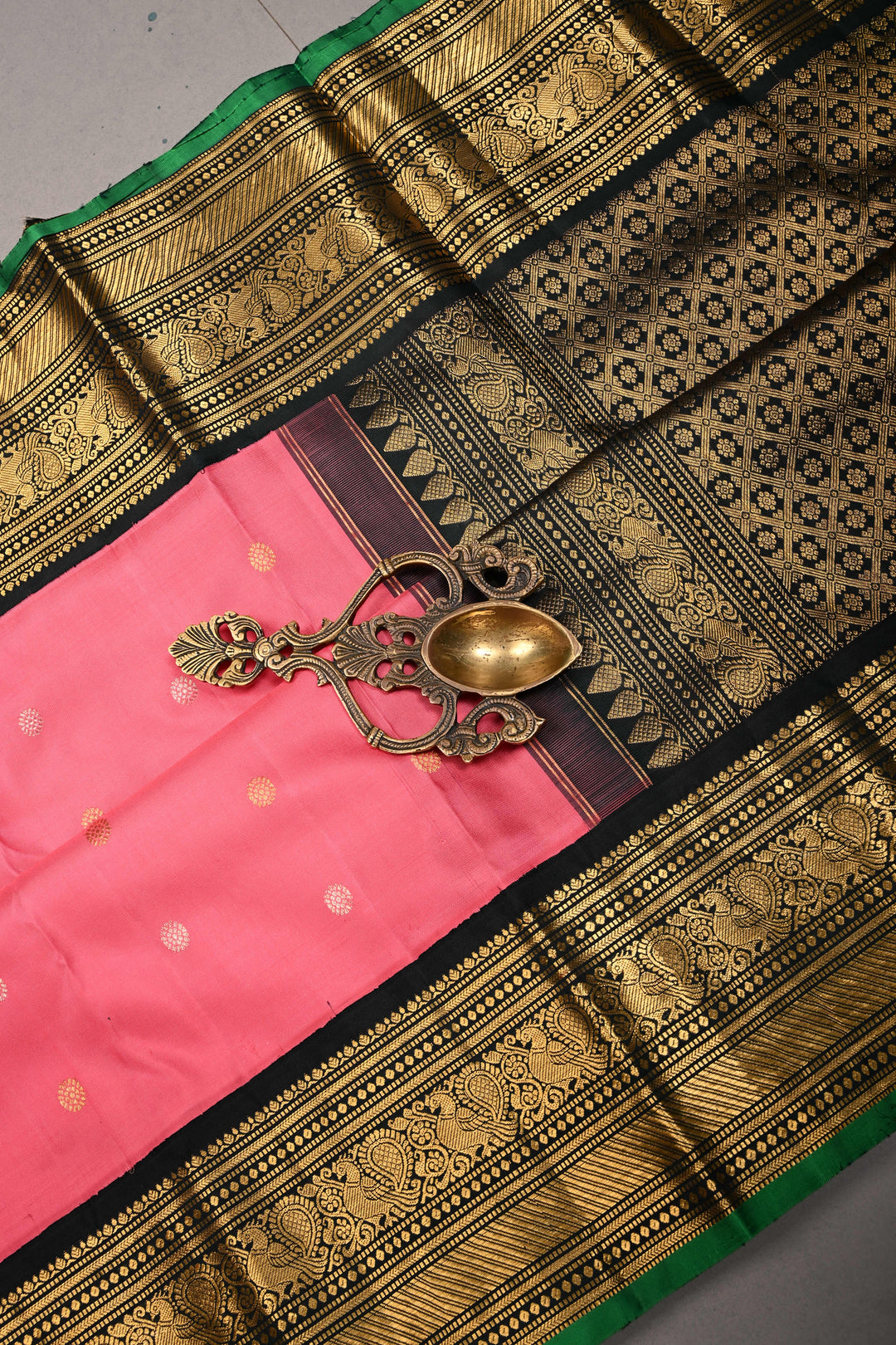 Korvai French Rose Pure Gadwal Silk Saree with Gold-Silver Buttas and Contrast Zari Border | SILK MARK CERTIFIED | SHOBITAM