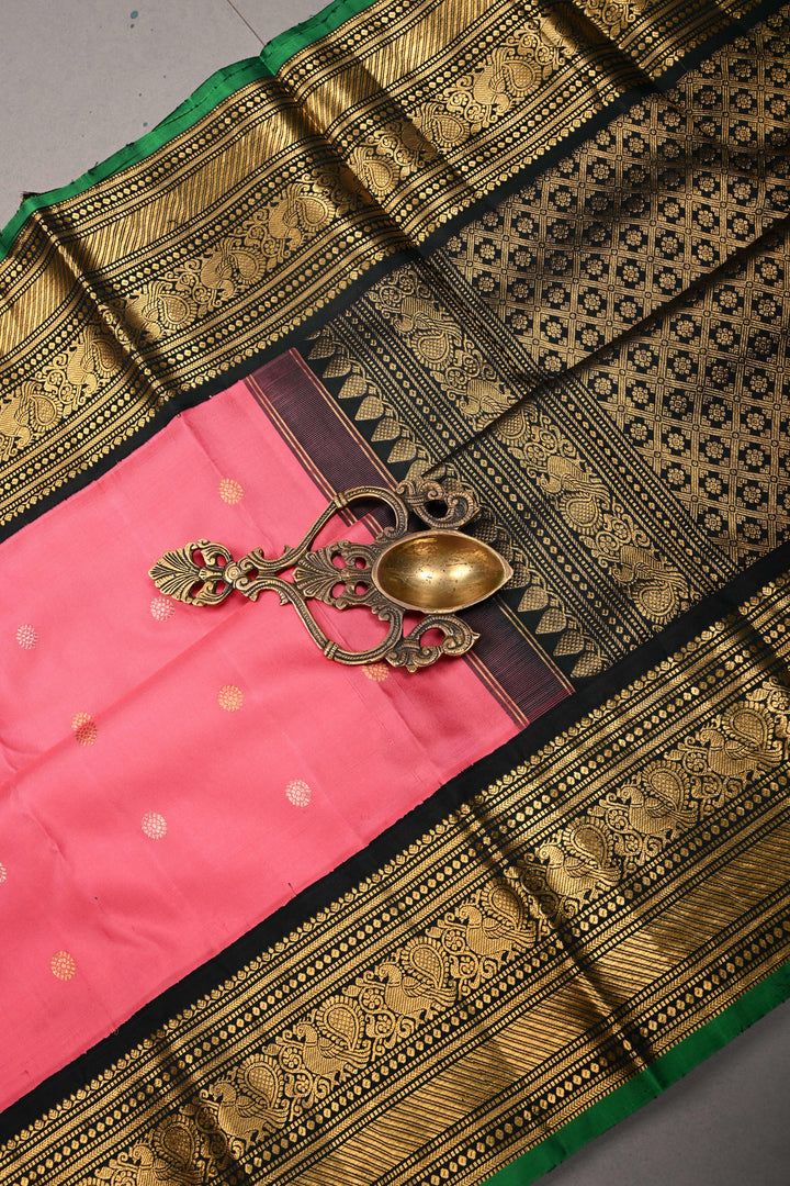 Korvai French Rose Pure Gadwal Silk Saree with Gold-Silver Buttas and Contrast Zari Border | SILK MARK CERTIFIED | SHOBITAM