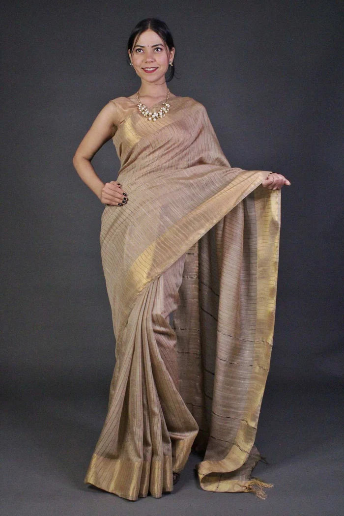 Beige Classy and Sedate Bhagalpuri Cotton Silk with woven zari and sequin work all over Wrap in 1 minute saree