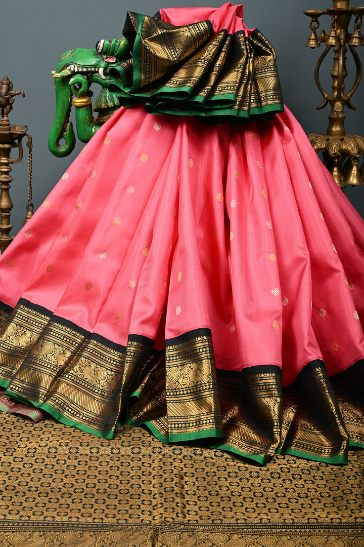 Korvai French Rose Pure Gadwal Silk Saree with Gold-Silver Buttas and Contrast Zari Border | SILK MARK CERTIFIED | SHOBITAM