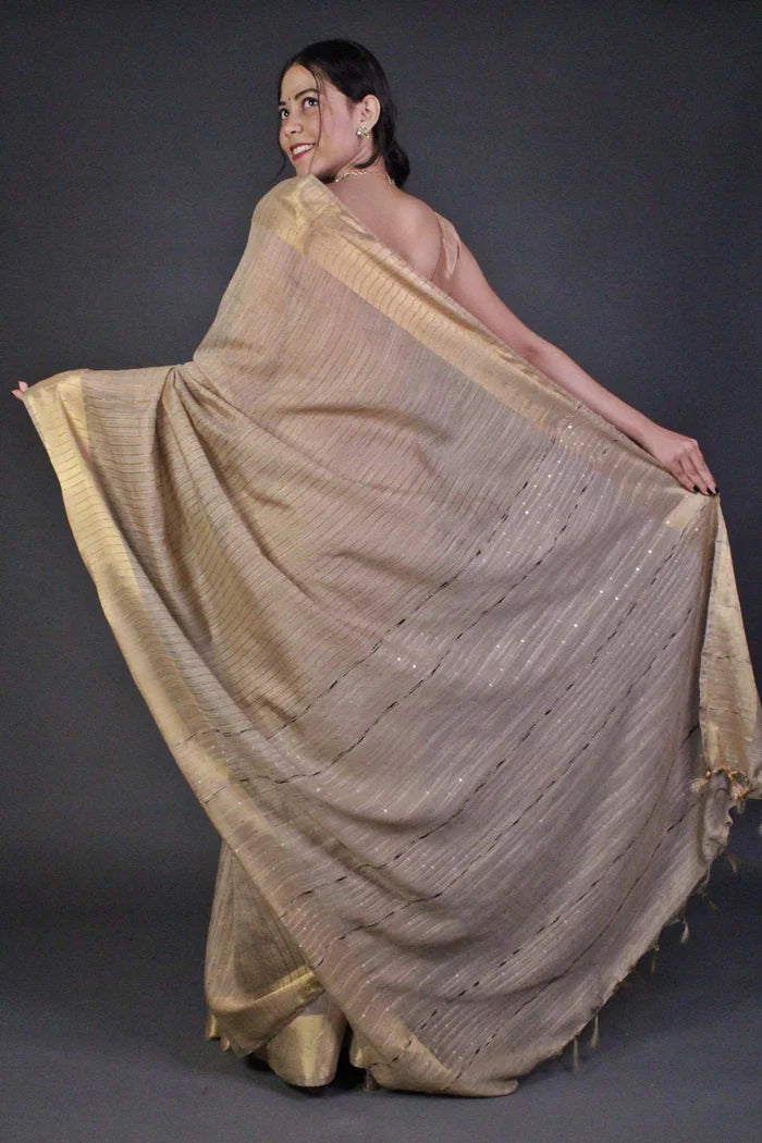 Beige Classy and Sedate Bhagalpuri Cotton Silk with woven zari and sequin work all over Wrap in 1 minute saree