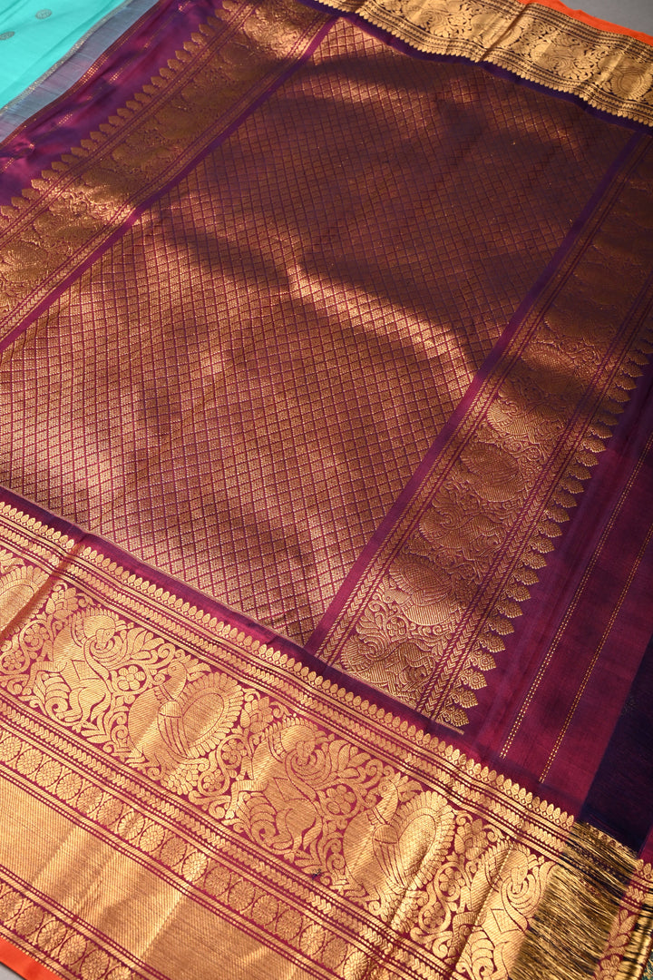 Korvai Turquoise Pure Gadwal Silk Saree with Gold-Silver Buttas and Contrast Wide Zari Border | SILK MARK CERTIFIED | SHOBITAM