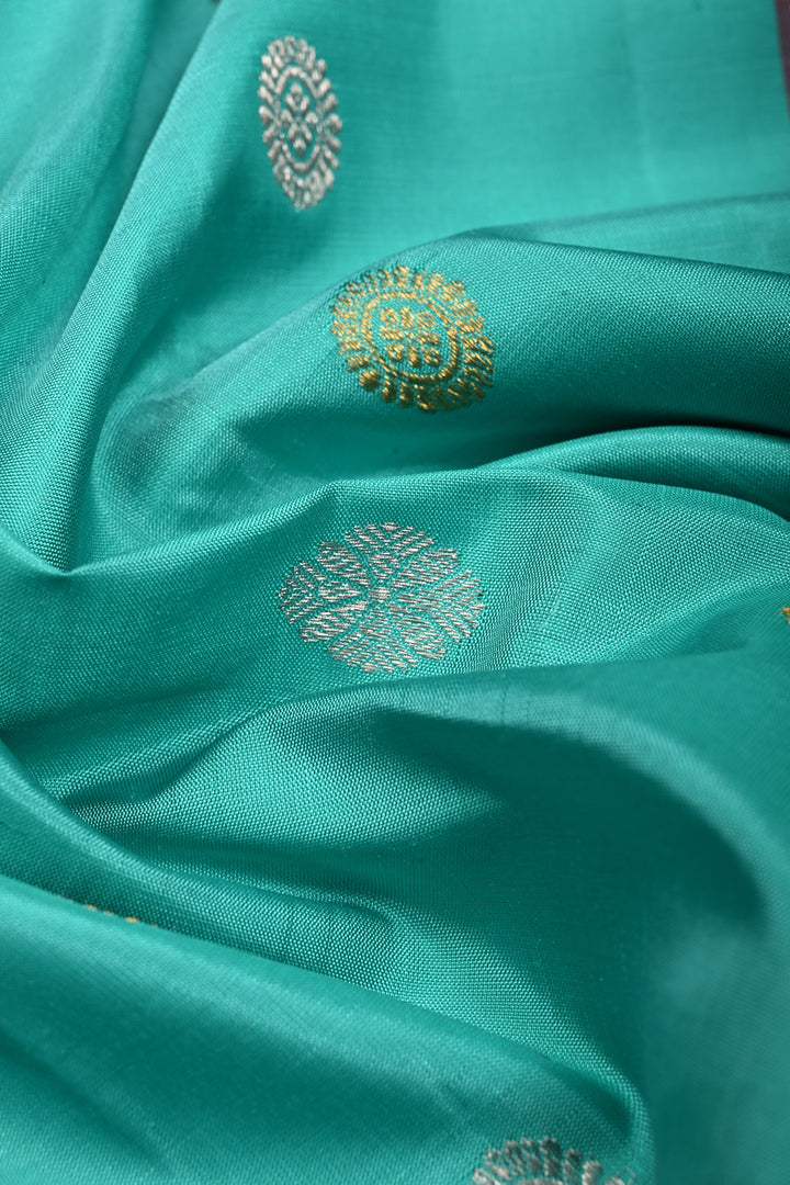 Korvai Turquoise Pure Gadwal Silk Saree with Gold-Silver Buttas and Contrast Wide Zari Border | SILK MARK CERTIFIED | SHOBITAM