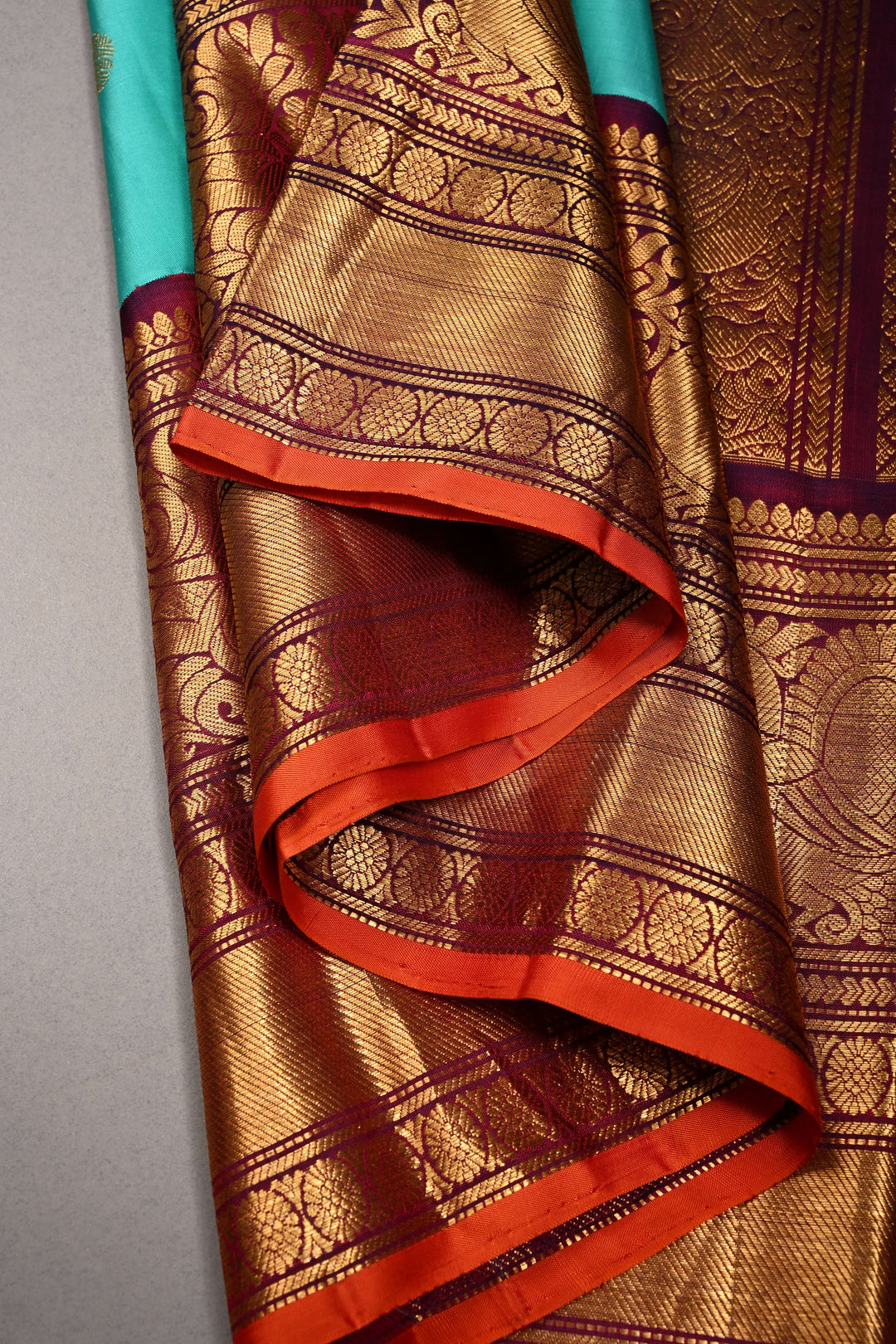 Korvai Turquoise Pure Gadwal Silk Saree with Gold-Silver Buttas and Contrast Wide Zari Border | SILK MARK CERTIFIED | SHOBITAM