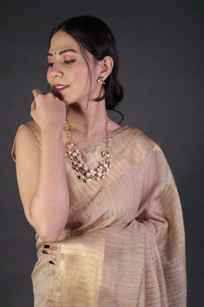 Beige Classy and Sedate Bhagalpuri Cotton Silk with woven zari and sequin work all over Wrap in 1 minute saree