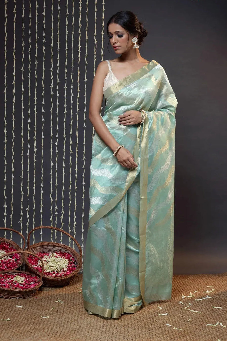 Pistachio Green Handloom Katan Silk Chanderi Saree With Zari | SILK MARK CERTIFIED | SHOBITAM