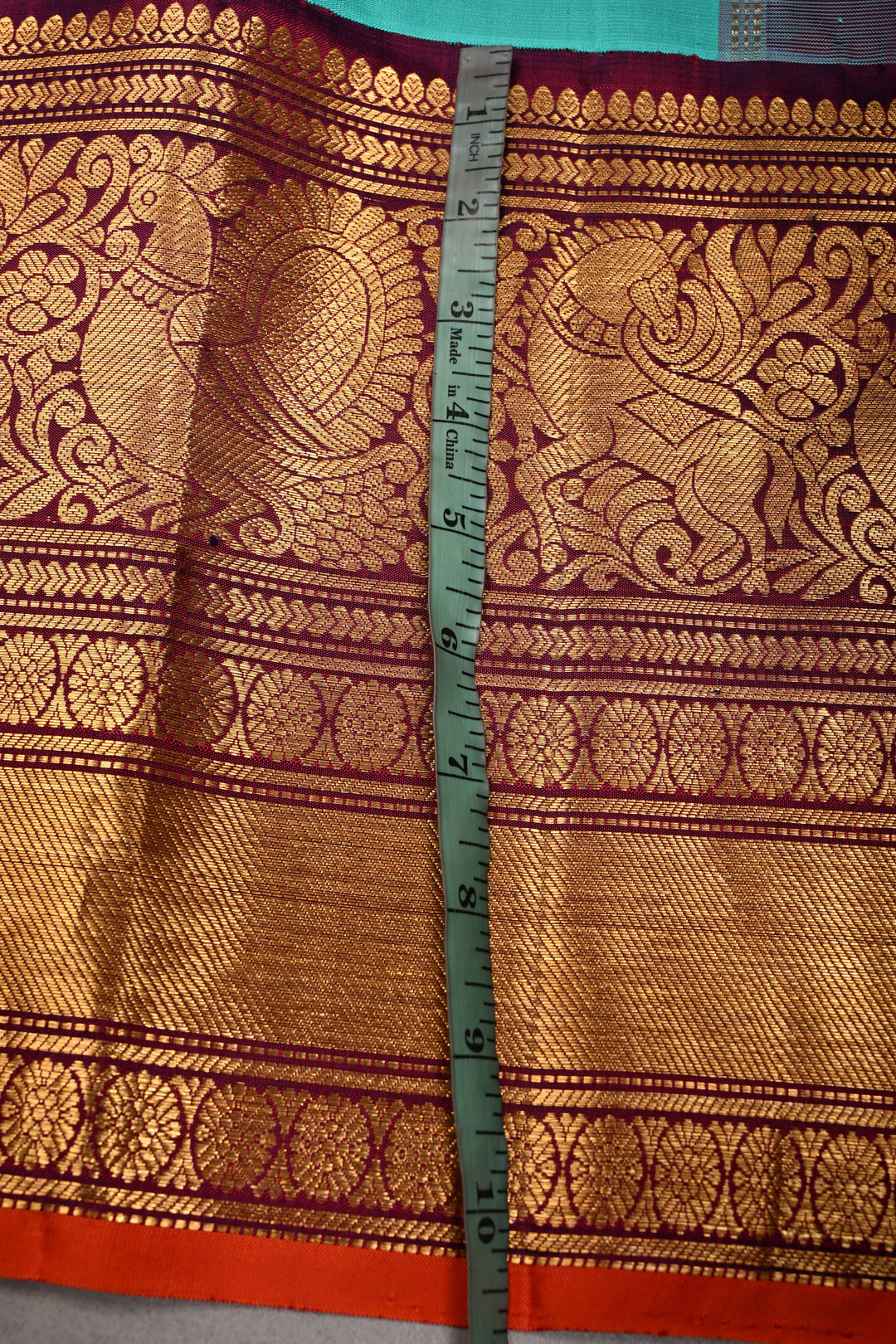 Korvai Turquoise Pure Gadwal Silk Saree with Gold-Silver Buttas and Contrast Wide Zari Border | SILK MARK CERTIFIED | SHOBITAM