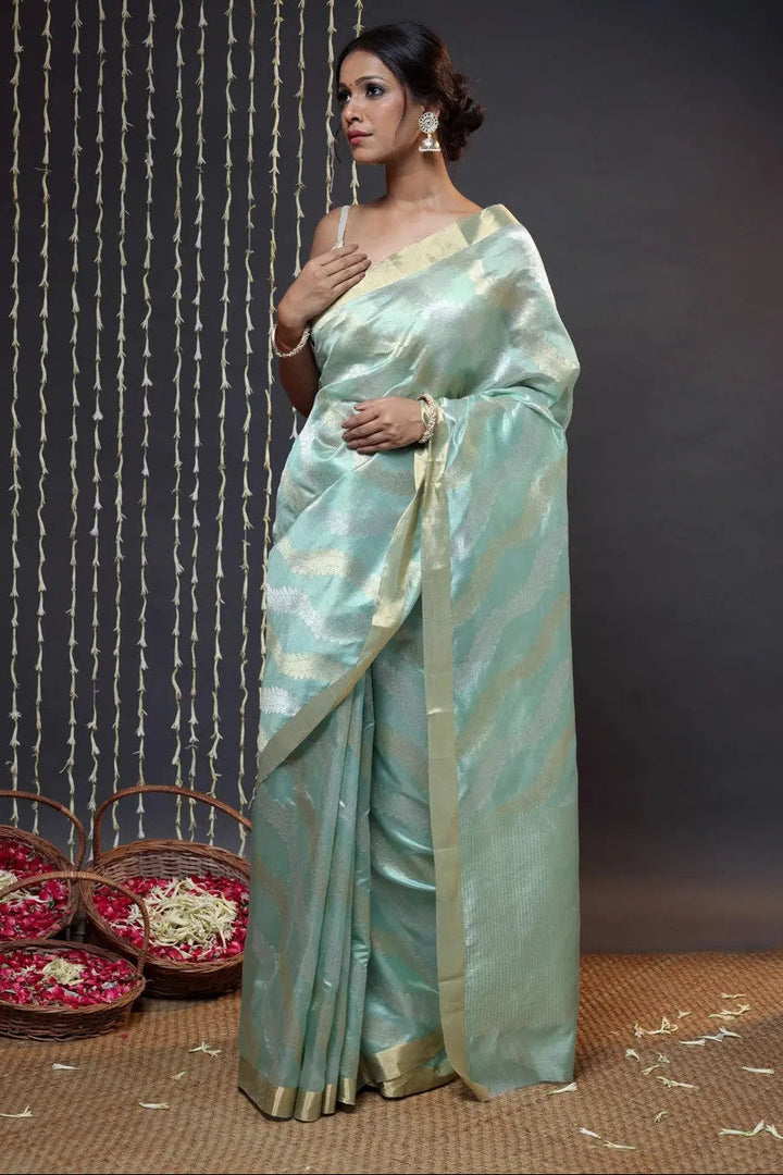 Pistachio Green Handloom Katan Silk Chanderi Saree With Zari | SILK MARK CERTIFIED | SHOBITAM