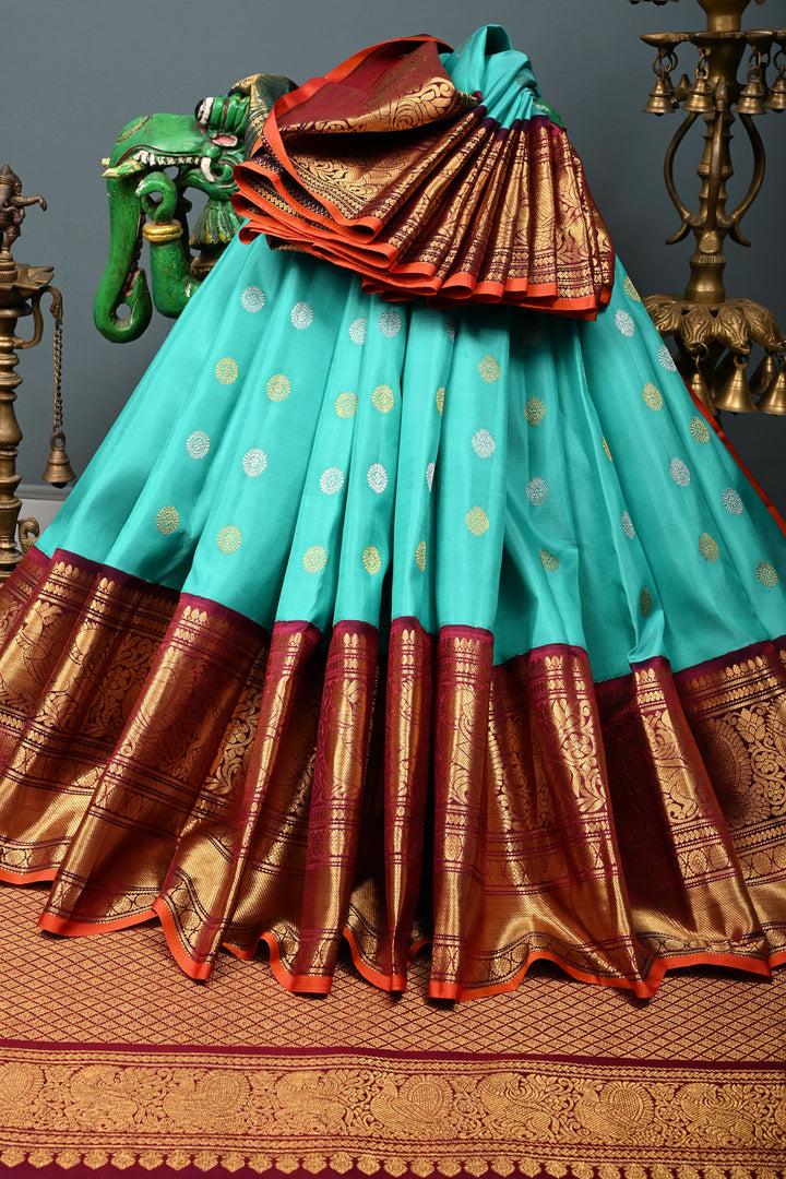 Korvai Turquoise Pure Gadwal Silk Saree with Gold-Silver Buttas and Contrast Wide Zari Border | SILK MARK CERTIFIED | SHOBITAM