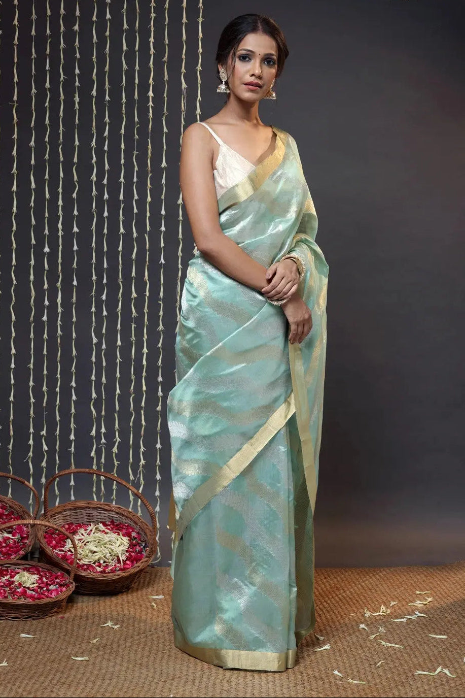 Pistachio Green Handloom Katan Silk Chanderi Saree With Zari | SILK MARK CERTIFIED | SHOBITAM