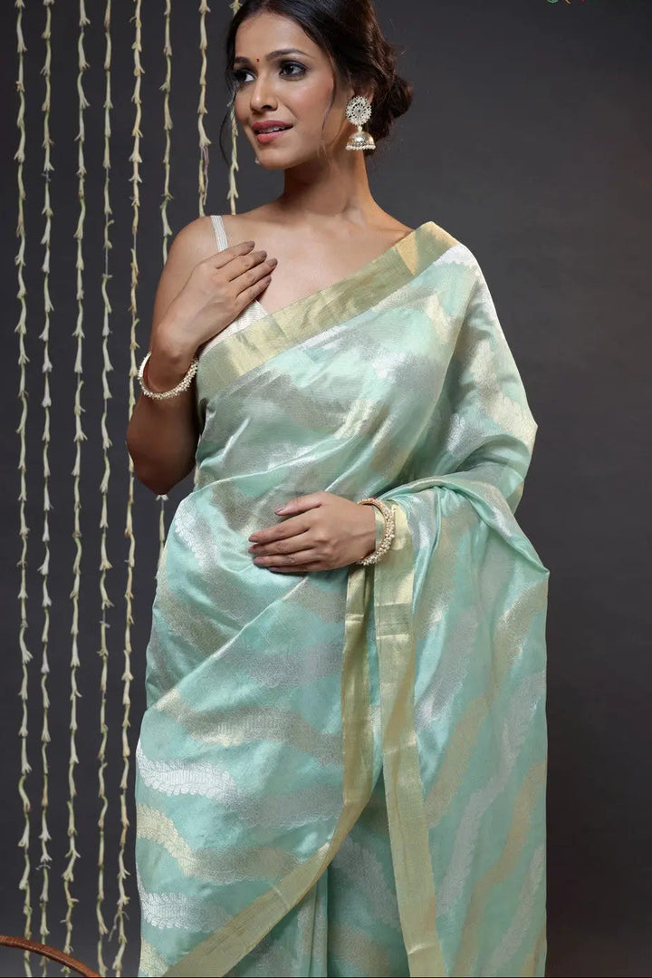 Pistachio Green Handloom Katan Silk Chanderi Saree With Zari | SILK MARK CERTIFIED | SHOBITAM