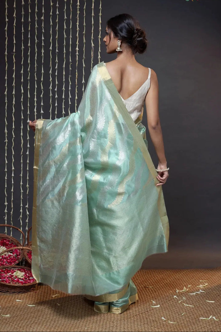 Pistachio Green Handloom Katan Silk Chanderi Saree With Zari | SILK MARK CERTIFIED | SHOBITAM