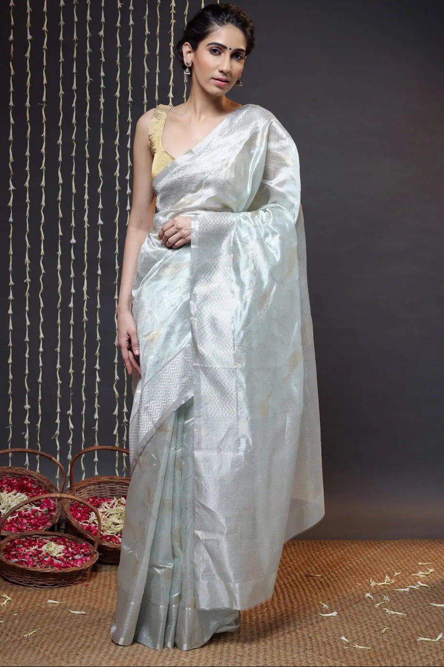 Handloom Grey Pure Silk Chanderi Saree | SHOBITAM