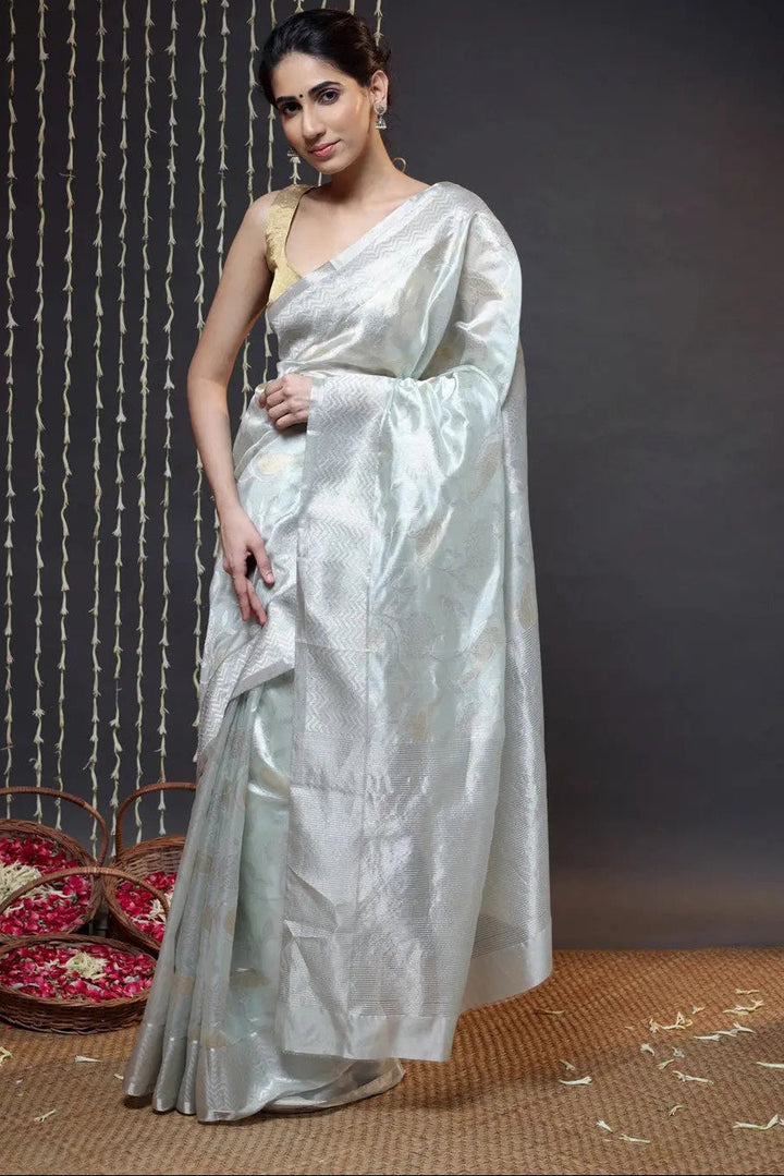 Handloom Grey Pure Silk Chanderi Saree | SHOBITAM