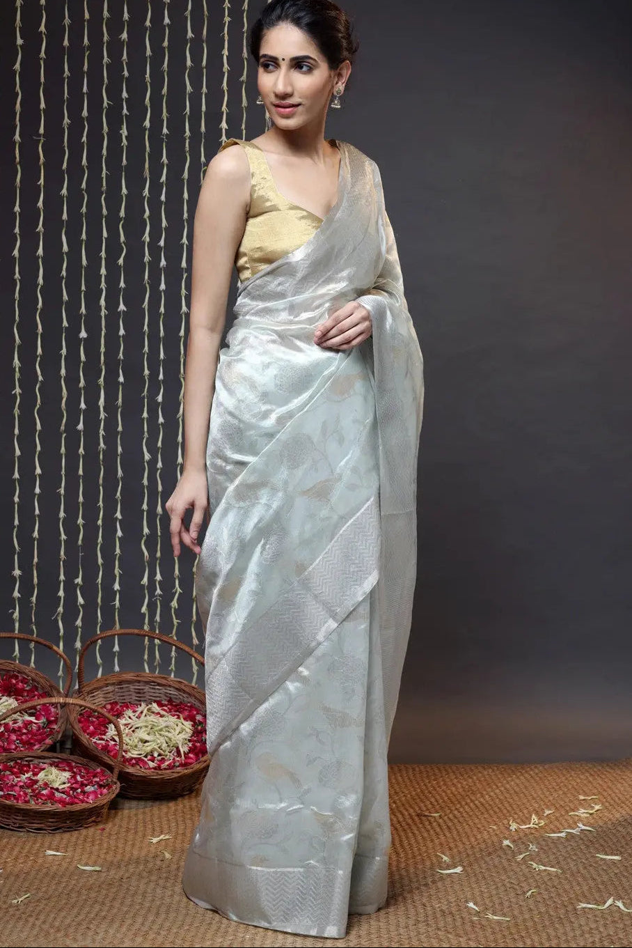 Handloom Grey Pure Silk Chanderi Saree | SHOBITAM