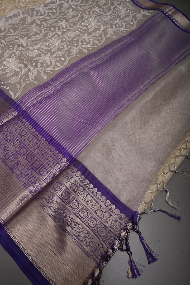 Golden Beige Semi Tissue Net Silk Saree with Chikankari Machine Embroidered Floral Jaal and Contrast Zari Border | SHOBITAM