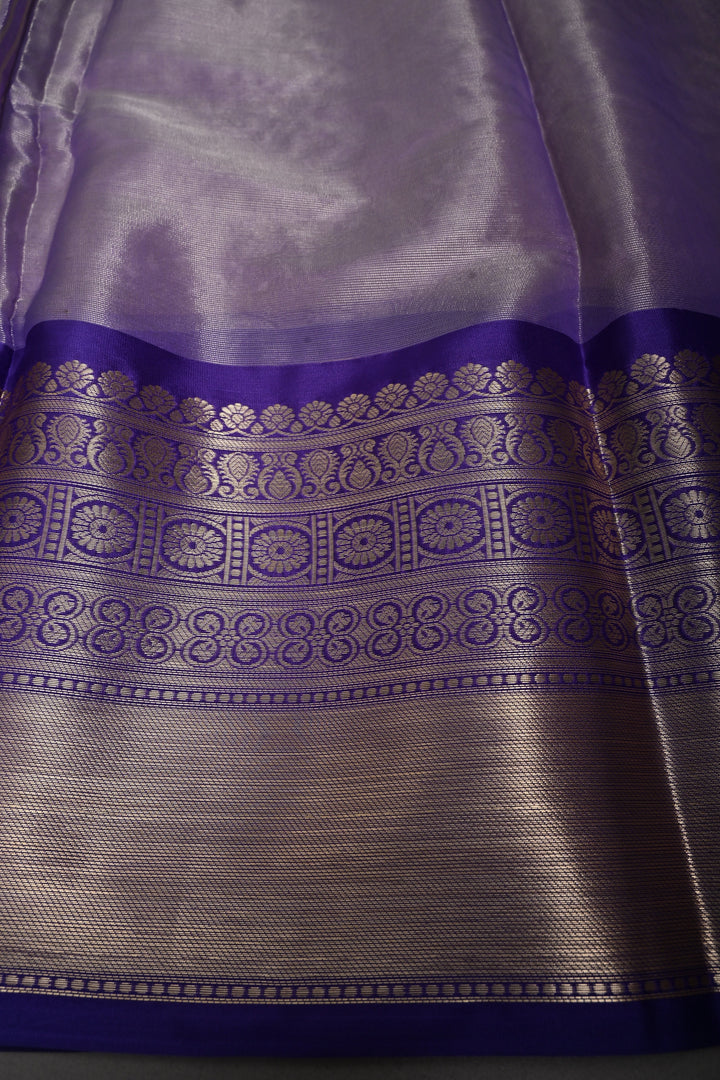 Golden Beige Semi Tissue Net Silk Saree with Chikankari Machine Embroidered Floral Jaal and Contrast Zari Border | SHOBITAM