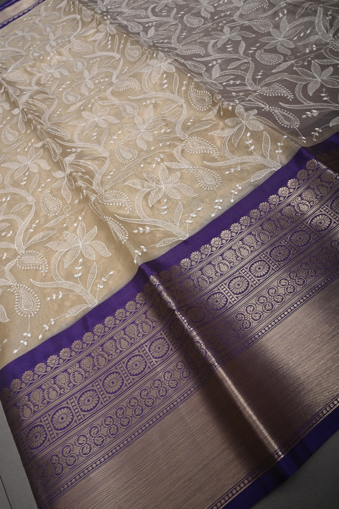 Golden Beige Semi Tissue Net Silk Saree with Chikankari Machine Embroidered Floral Jaal and Contrast Zari Border | SHOBITAM