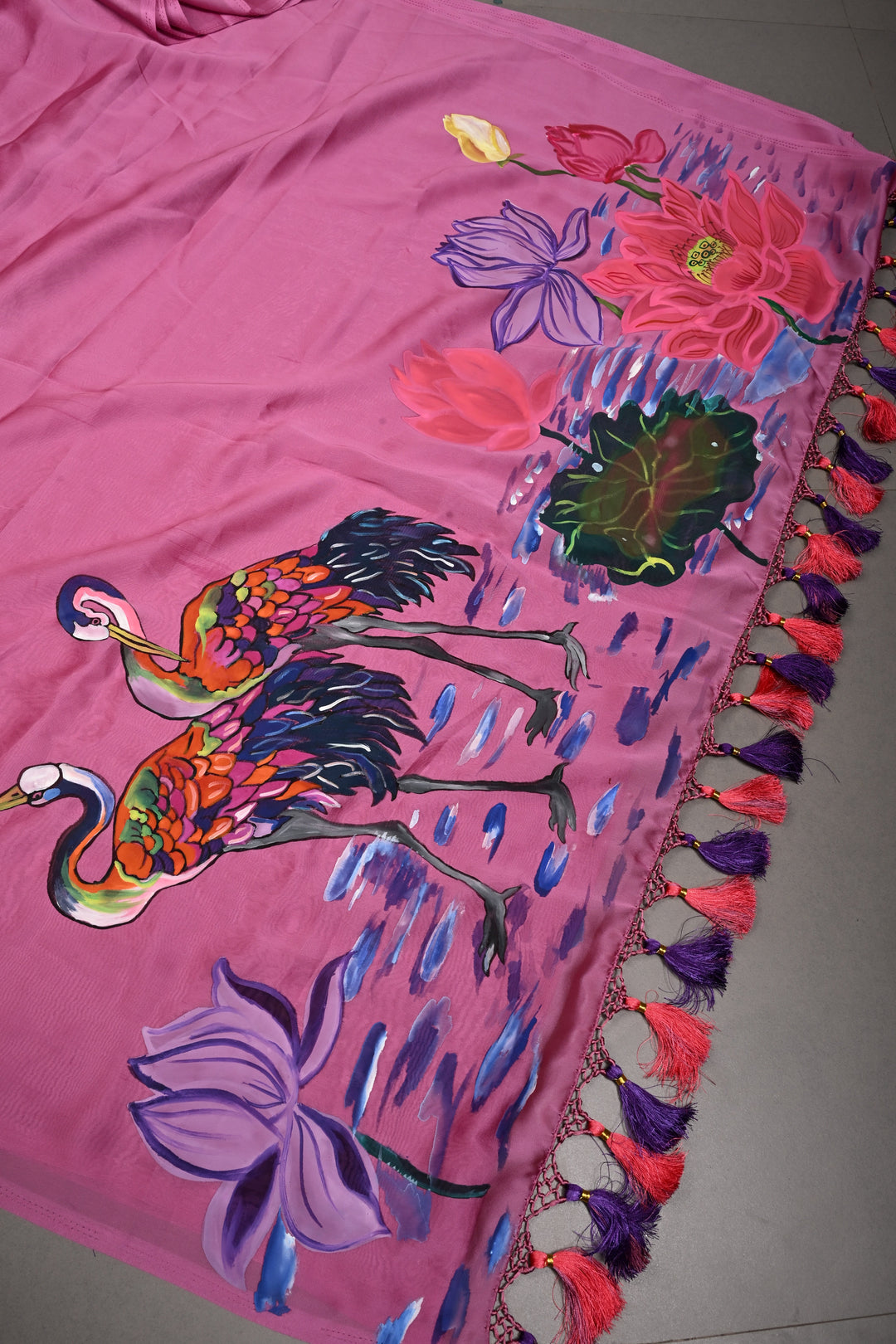 Rose Pink Peacock-Lotus Handpainted on Shimmer Georgette Saree, No Blouse Piece | SHOBITAM