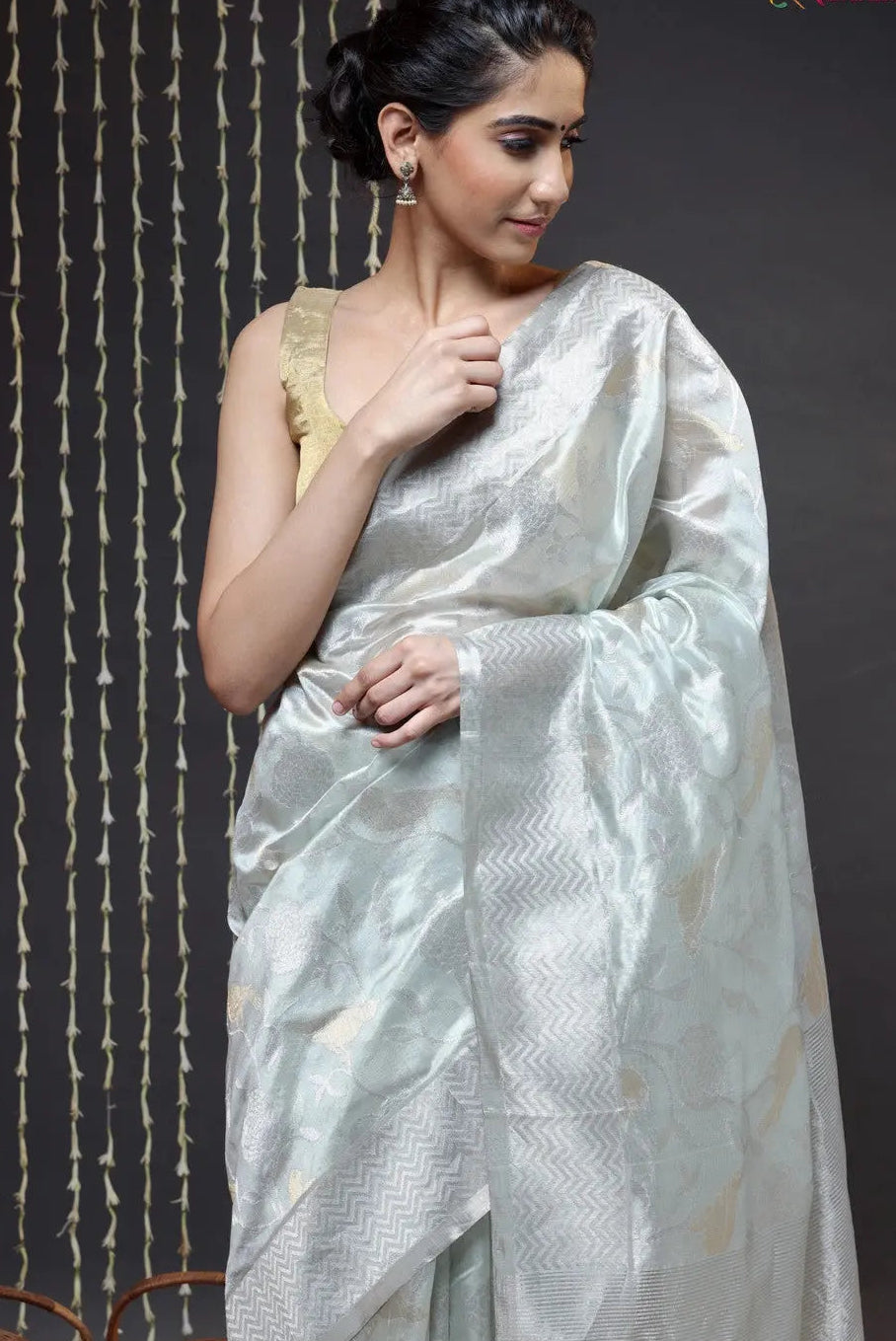 Handloom Grey Pure Silk Chanderi Saree | SHOBITAM