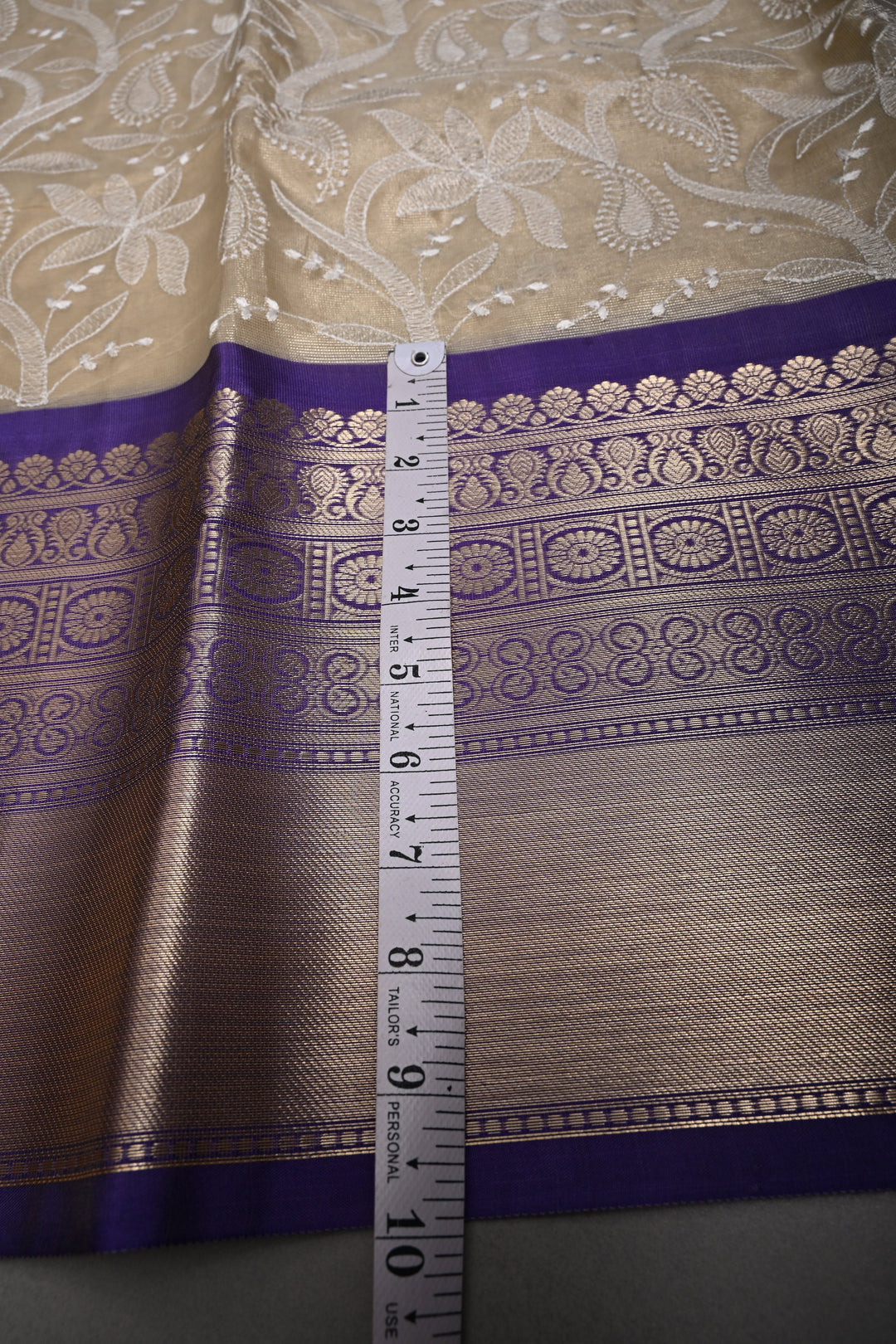 Golden Beige Semi Tissue Net Silk Saree with Chikankari Machine Embroidered Floral Jaal and Contrast Zari Border | SHOBITAM