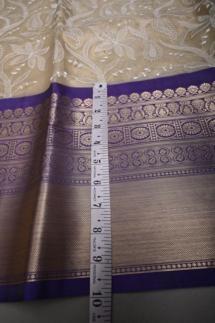 Golden Beige Semi Tissue Net Silk Saree with Chikankari Machine Embroidered Floral Jaal and Contrast Zari Border | SHOBITAM
